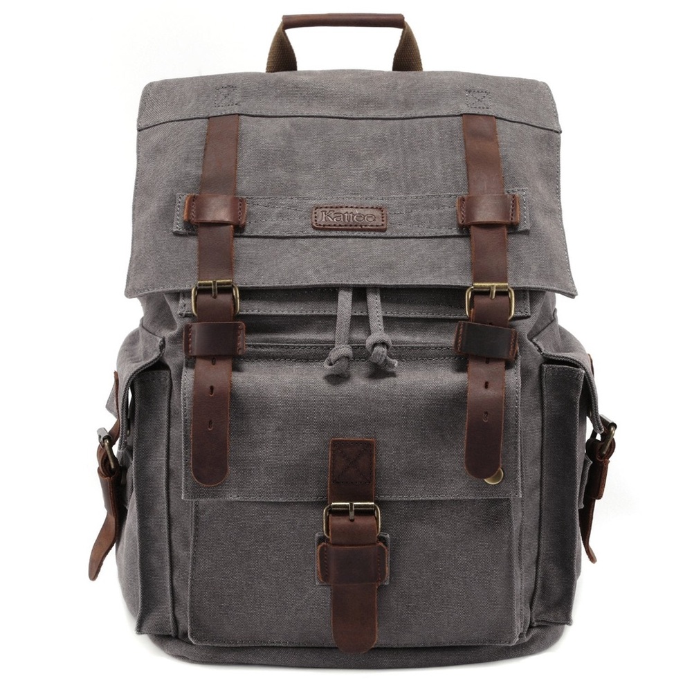 Gray and Brown Canvas Backpack with Leather Accents